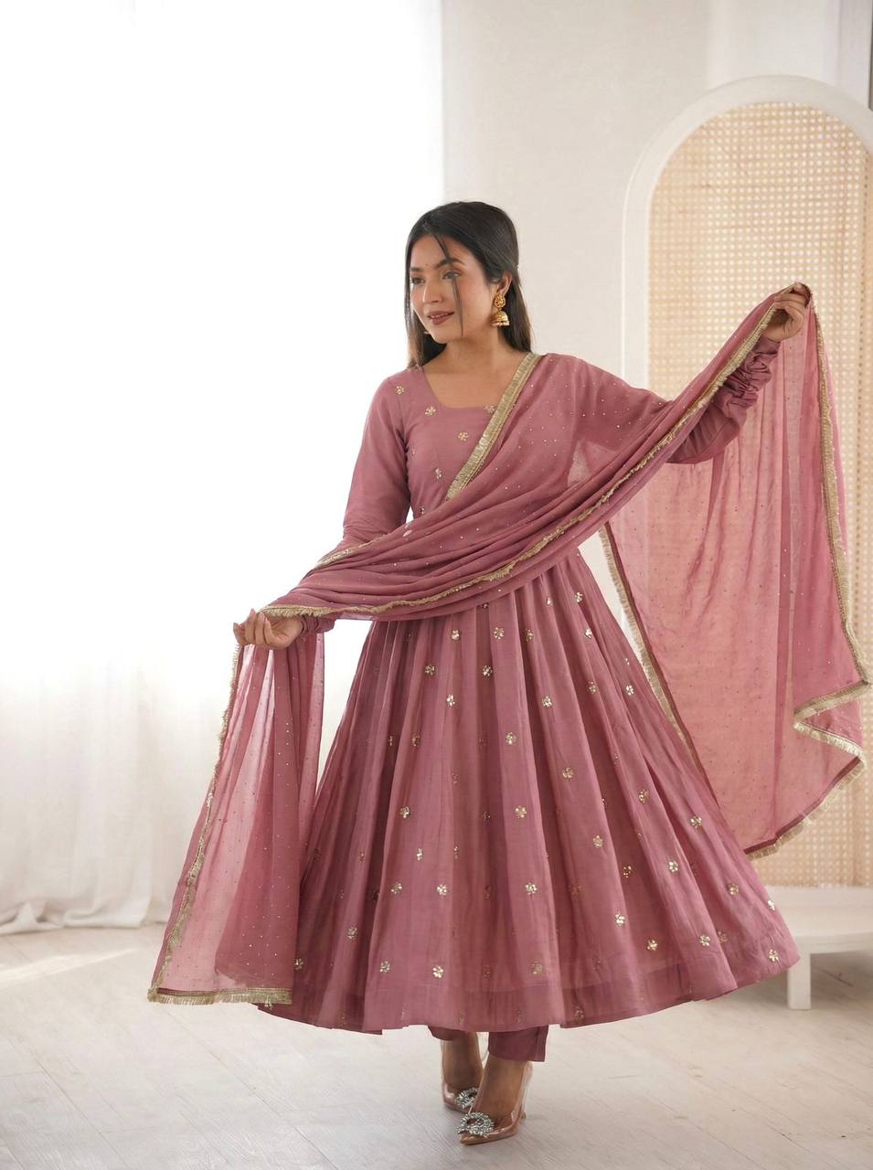 Premium Roman Silk Gown & Dupatta Set – Embroidery & Jarkan Work