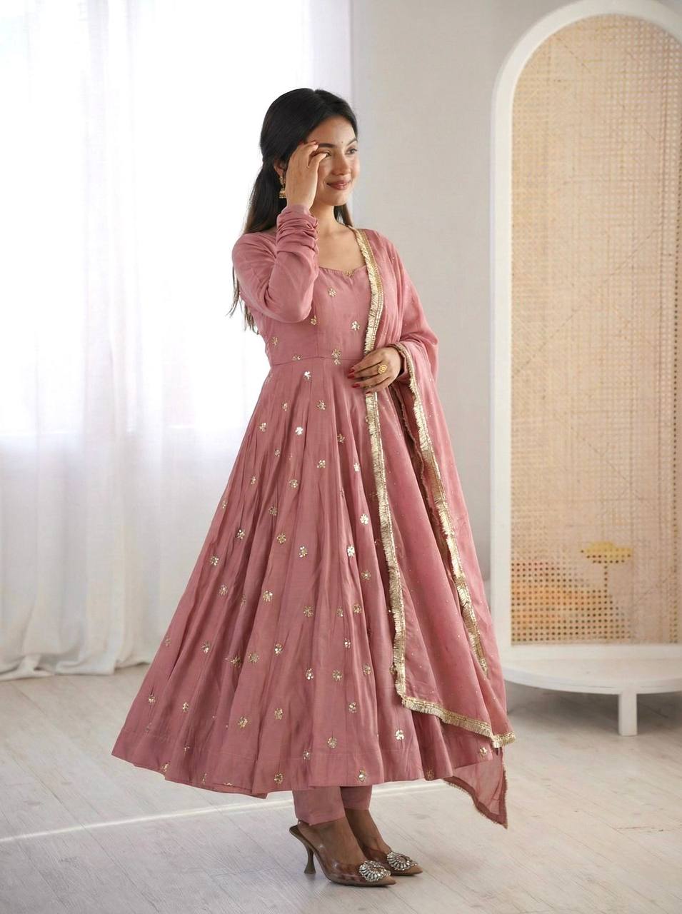 Premium Roman Silk Gown & Dupatta Set – Embroidery & Jarkan Work