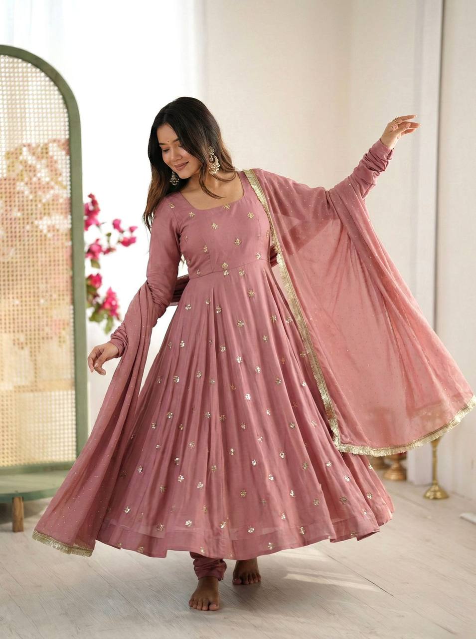 Premium Roman Silk Gown & Dupatta Set – Embroidery & Jarkan Work