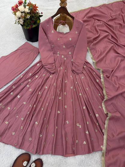 Premium Roman Silk Gown & Dupatta Set – Embroidery & Jarkan Work