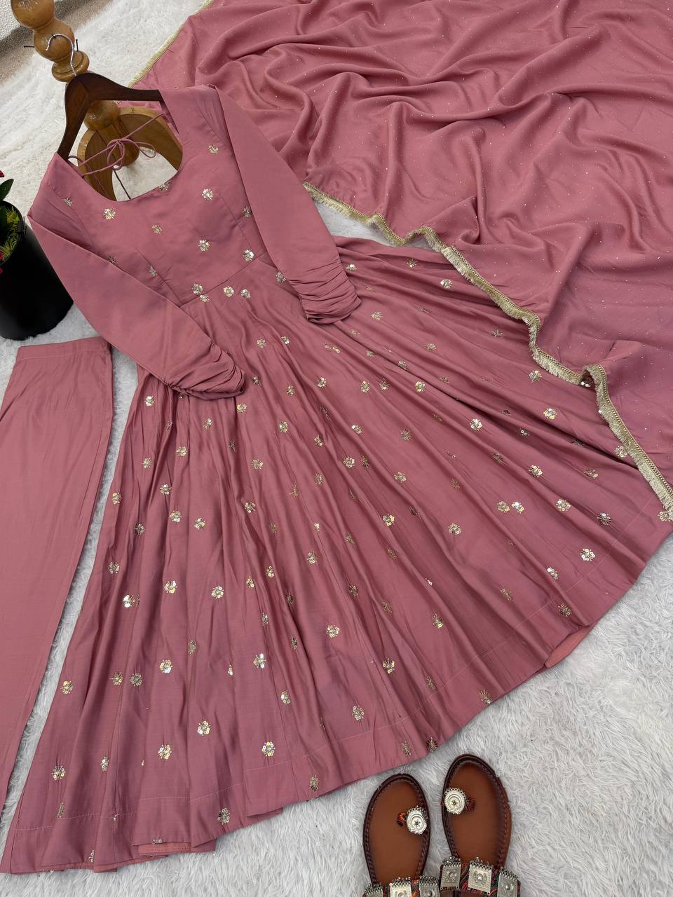 Premium Roman Silk Gown & Dupatta Set – Embroidery & Jarkan Work
