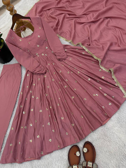 Premium Roman Silk Gown & Dupatta Set – Embroidery & Jarkan Work