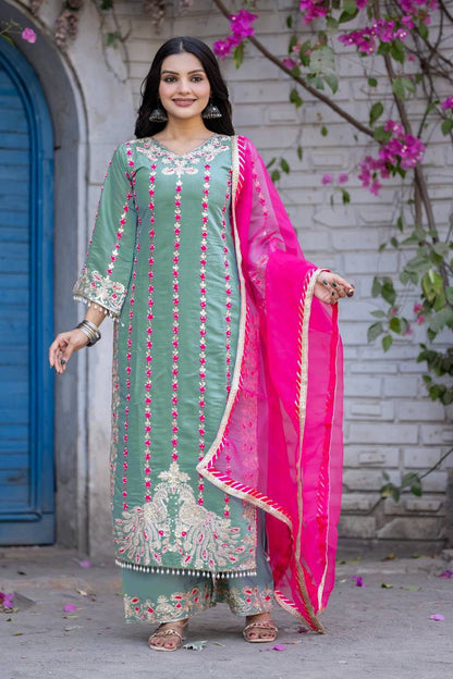 Premium Heavy Roman Silk Pakistani Suit Set – Embroidery & Fancy Hand Work