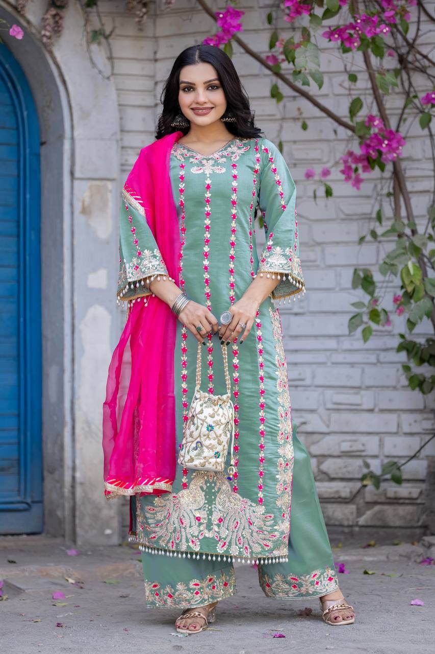 Premium Heavy Roman Silk Pakistani Suit Set – Embroidery & Fancy Hand Work