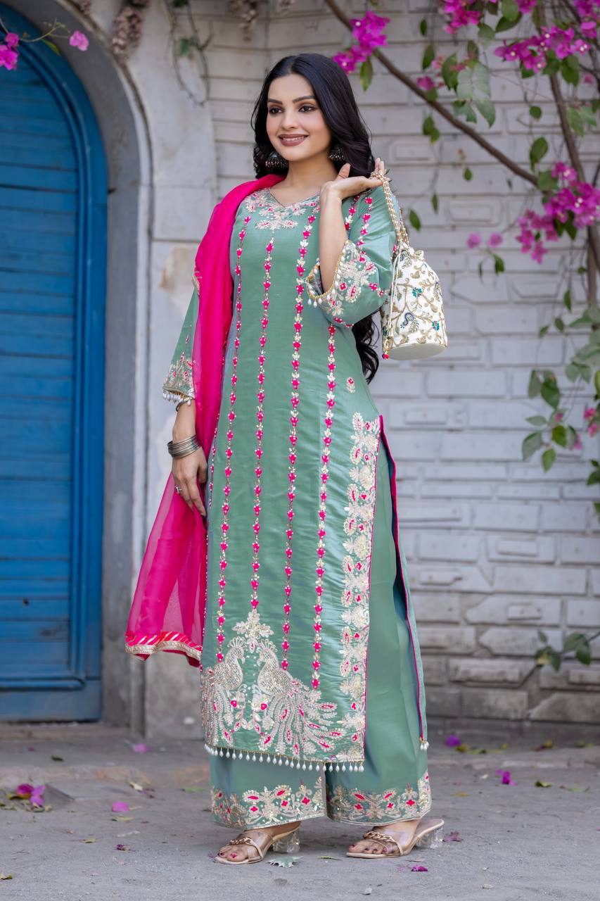 Premium Heavy Roman Silk Pakistani Suit Set – Embroidery & Fancy Hand Work