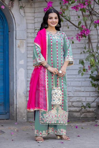 Premium Heavy Roman Silk Pakistani Suit Set – Embroidery & Fancy Hand Work
