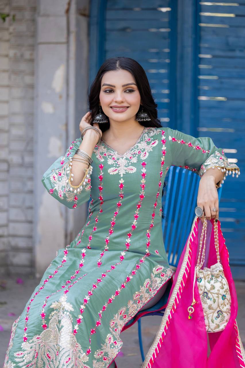 Premium Heavy Roman Silk Pakistani Suit Set – Embroidery & Fancy Hand Work