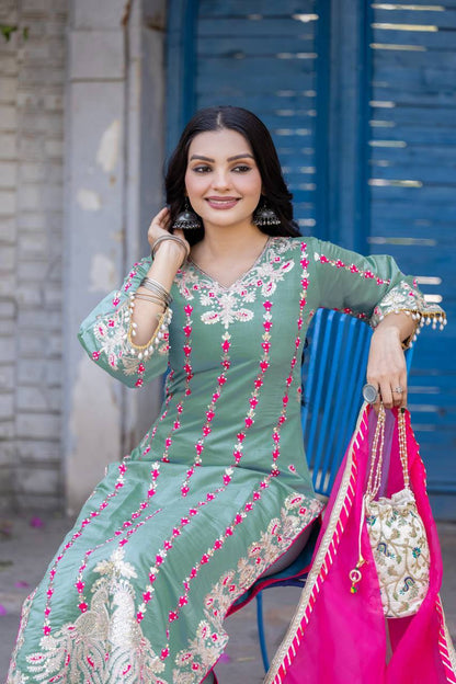 Premium Heavy Roman Silk Pakistani Suit Set – Embroidery & Fancy Hand Work