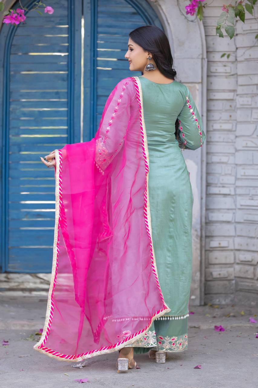 Premium Heavy Roman Silk Pakistani Suit Set – Embroidery & Fancy Hand Work
