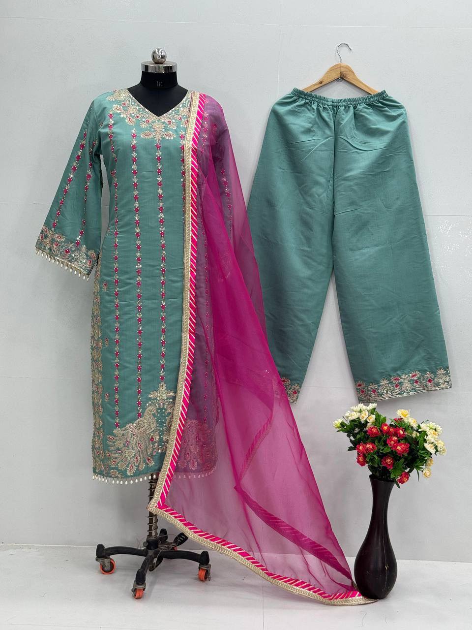 Premium Heavy Roman Silk Pakistani Suit Set – Embroidery & Fancy Hand Work