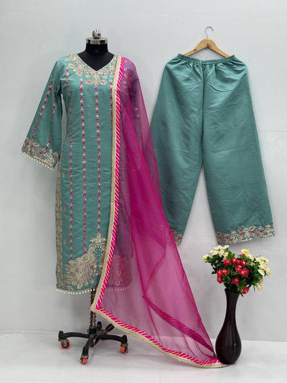 Premium Heavy Roman Silk Pakistani Suit Set – Embroidery & Fancy Hand Work
