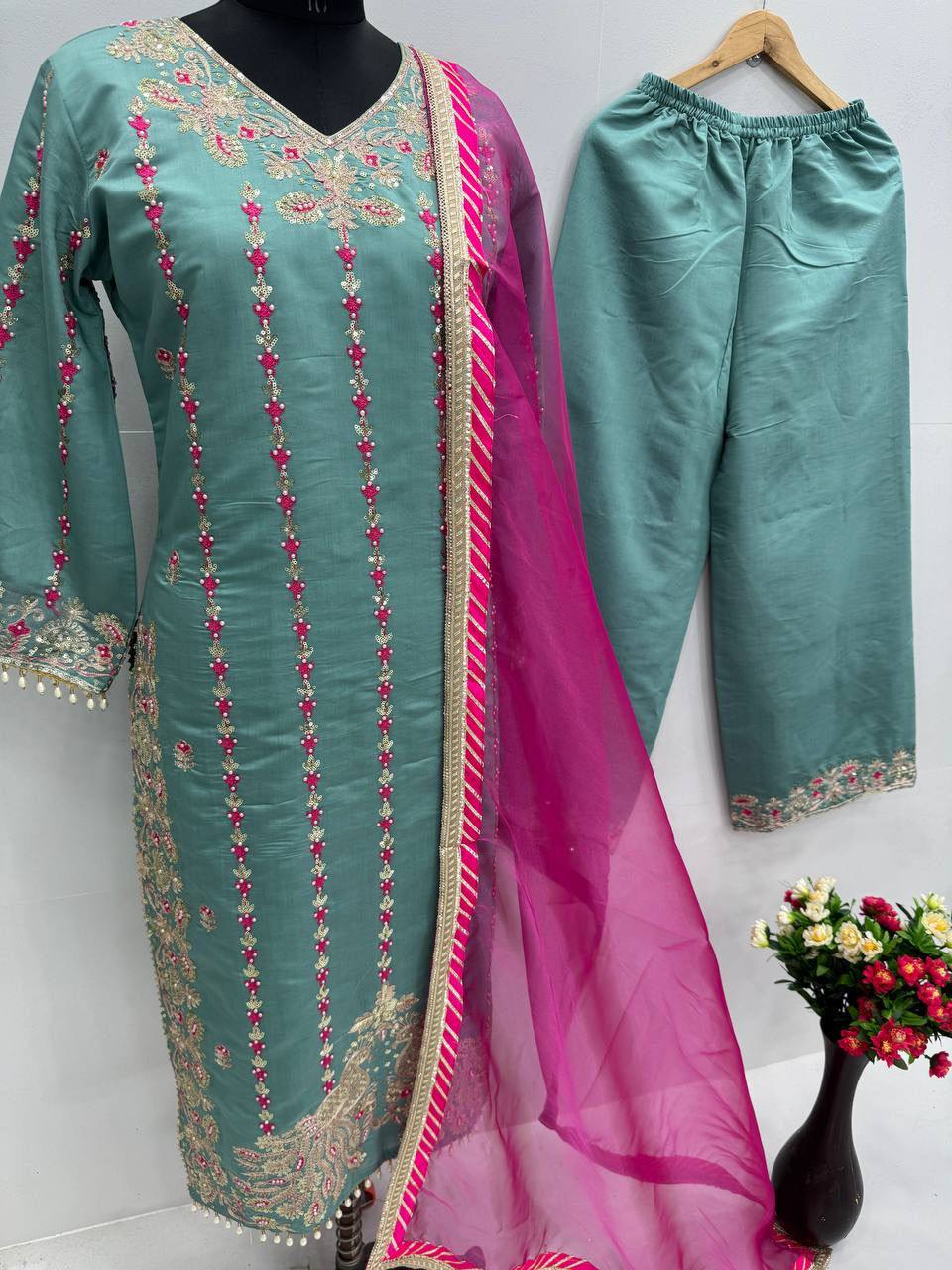 Premium Heavy Roman Silk Pakistani Suit Set – Embroidery & Fancy Hand Work