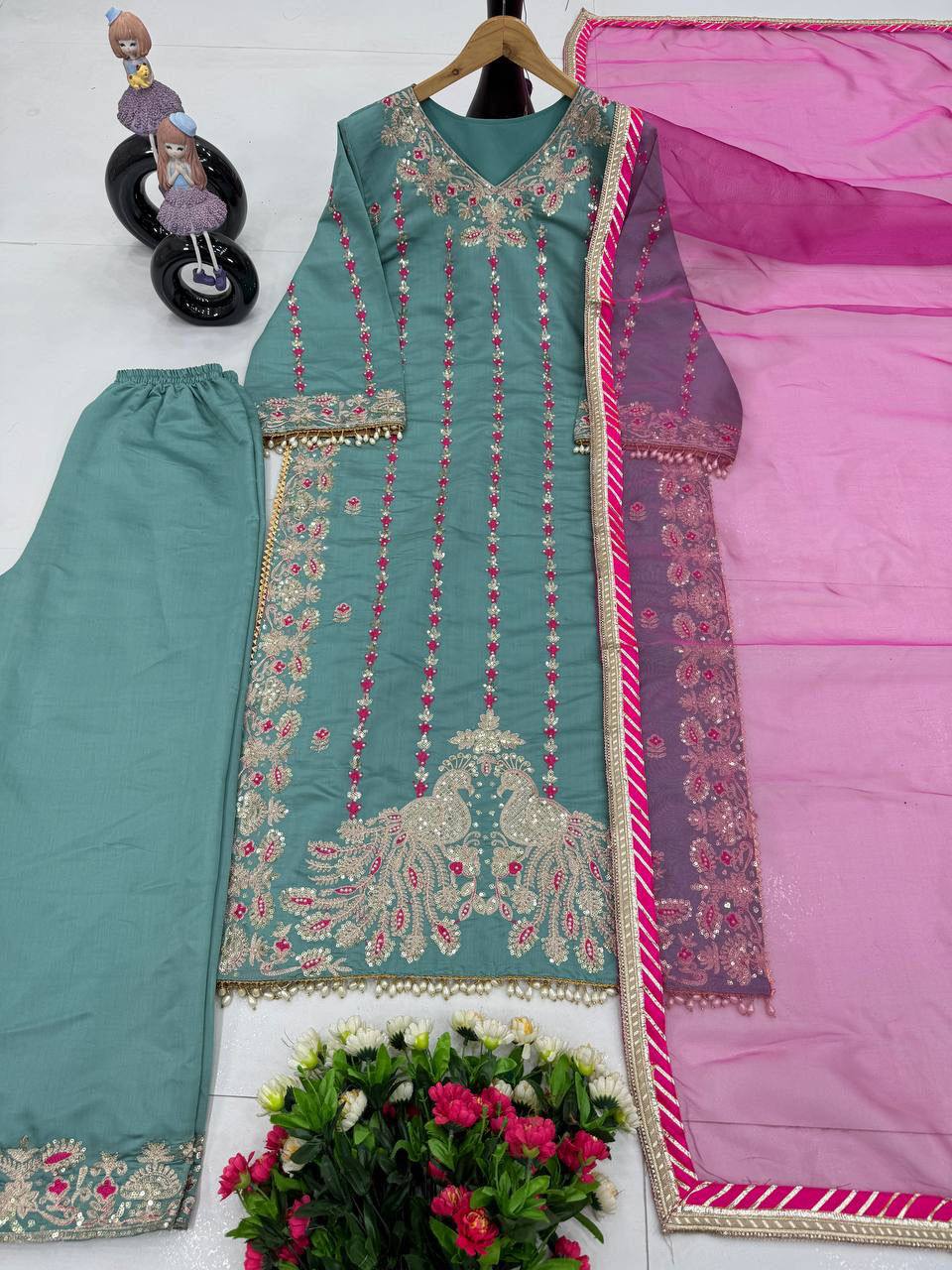 Premium Heavy Roman Silk Pakistani Suit Set – Embroidery & Fancy Hand Work