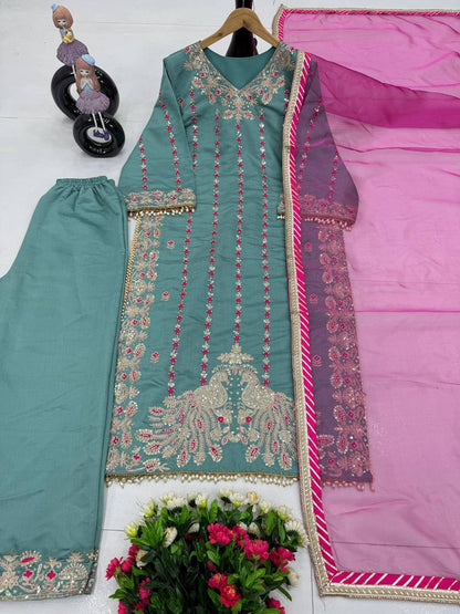 Premium Heavy Roman Silk Pakistani Suit Set – Embroidery & Fancy Hand Work