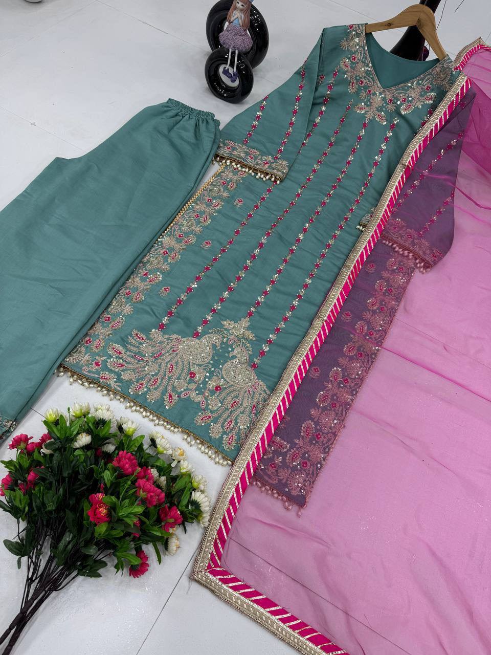 Premium Heavy Roman Silk Pakistani Suit Set – Embroidery & Fancy Hand Work