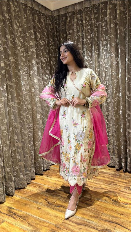 Premium Chinon Boat Neck Top with Tulip Salwaar & Printed Organza Dupatta