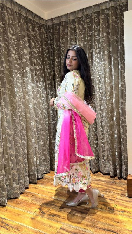 Premium Chinon Boat Neck Top with Tulip Salwaar & Printed Organza Dupatta