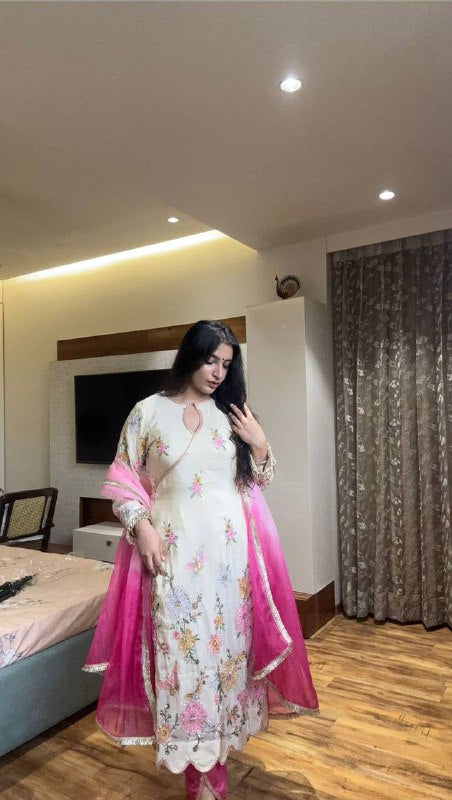 Premium Chinon Boat Neck Top with Tulip Salwaar & Printed Organza Dupatta
