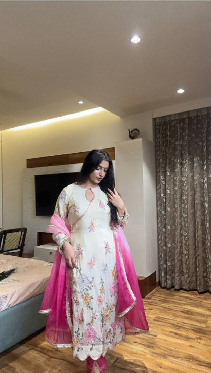 Premium Chinon Boat Neck Top with Tulip Salwaar & Printed Organza Dupatta