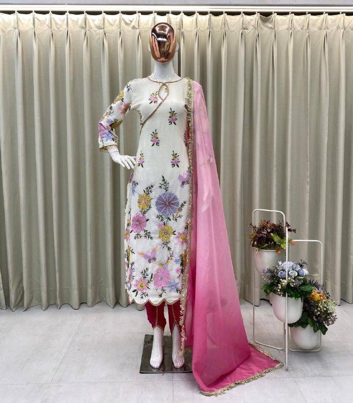 Premium Chinon Boat Neck Top with Tulip Salwaar & Printed Organza Dupatta