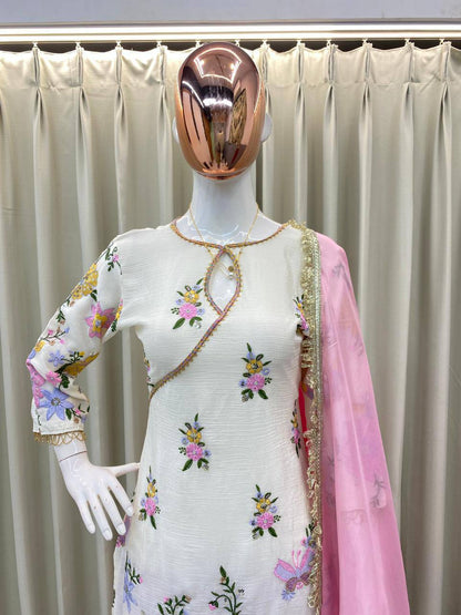 Premium Chinon Boat Neck Top with Tulip Salwaar & Printed Organza Dupatta
