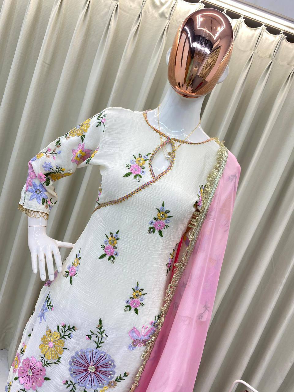 Premium Chinon Boat Neck Top with Tulip Salwaar & Printed Organza Dupatta