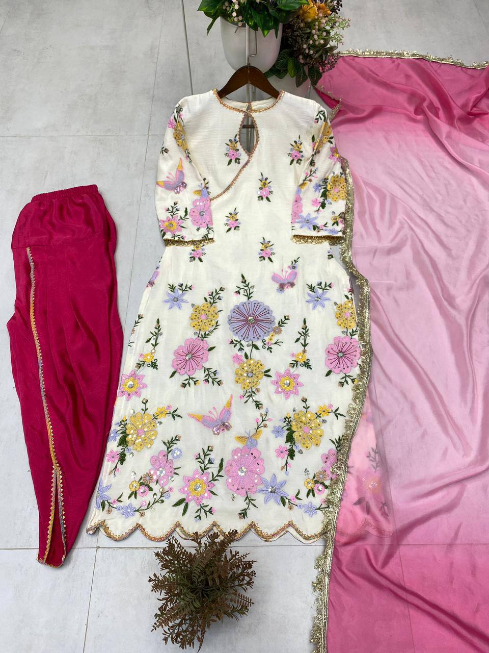 Premium Chinon Boat Neck Top with Tulip Salwaar & Printed Organza Dupatta