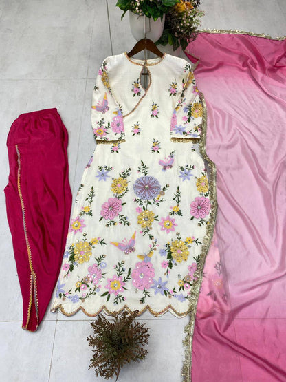 Premium Chinon Boat Neck Top with Tulip Salwaar & Printed Organza Dupatta