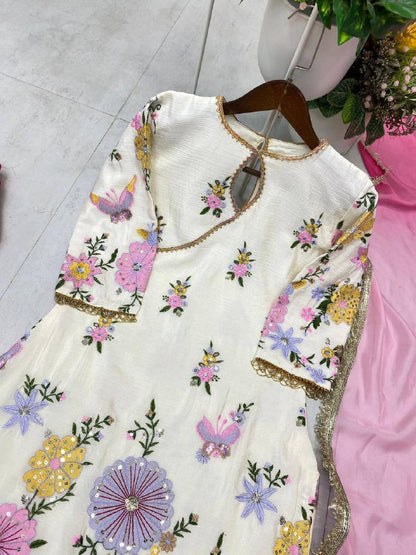 Premium Chinon Boat Neck Top with Tulip Salwaar & Printed Organza Dupatta