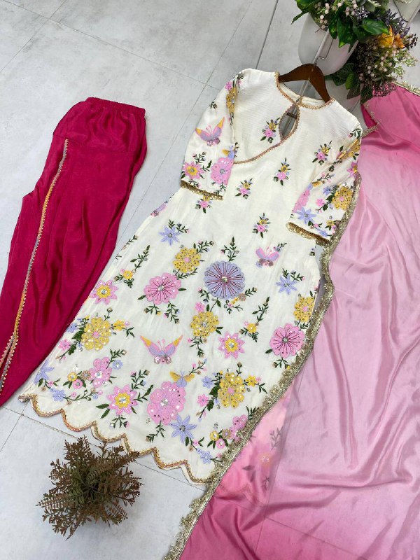 Premium Chinon Boat Neck Top with Tulip Salwaar & Printed Organza Dupatta
