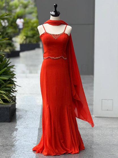 Premium Georgette Blouse, Fishcut Skirt & Dupatta Set