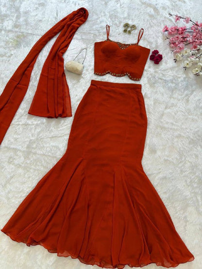Premium Georgette Blouse, Fishcut Skirt & Dupatta Set