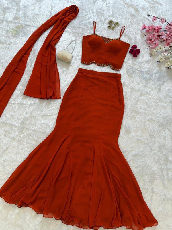 Premium Georgette Blouse, Fishcut Skirt & Dupatta Set