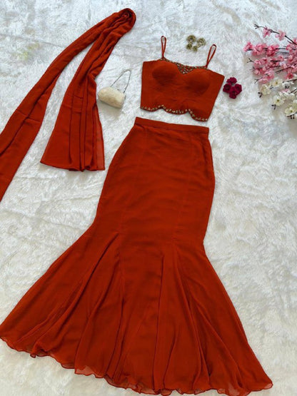 Premium Georgette Blouse, Fishcut Skirt & Dupatta Set