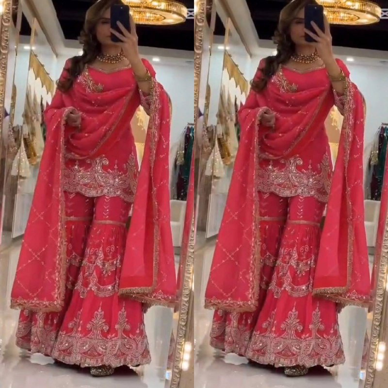 Premium Heavy Fox Georgette Silk Top, Sharara Palazzo & Dupatta Set