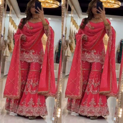Premium Heavy Fox Georgette Silk Top, Sharara Palazzo & Dupatta Set