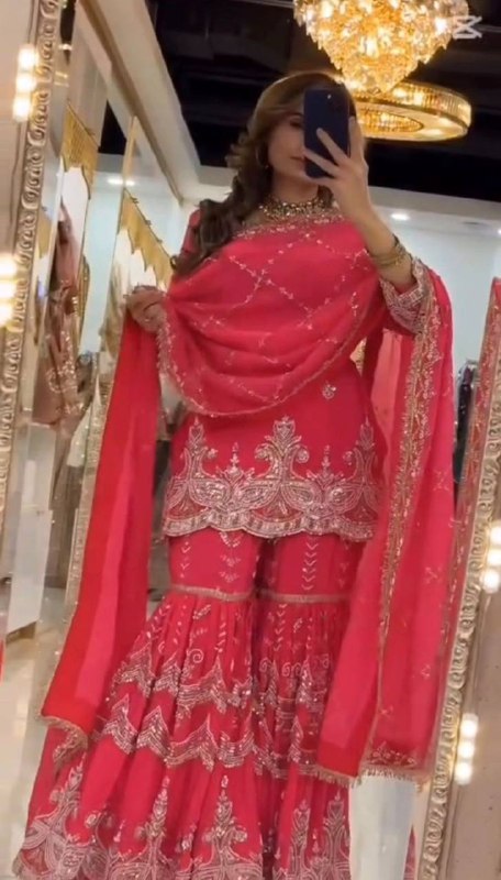 Premium Heavy Fox Georgette Silk Top, Sharara Palazzo & Dupatta Set