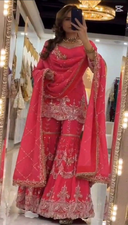 Premium Heavy Fox Georgette Silk Top, Sharara Palazzo & Dupatta Set