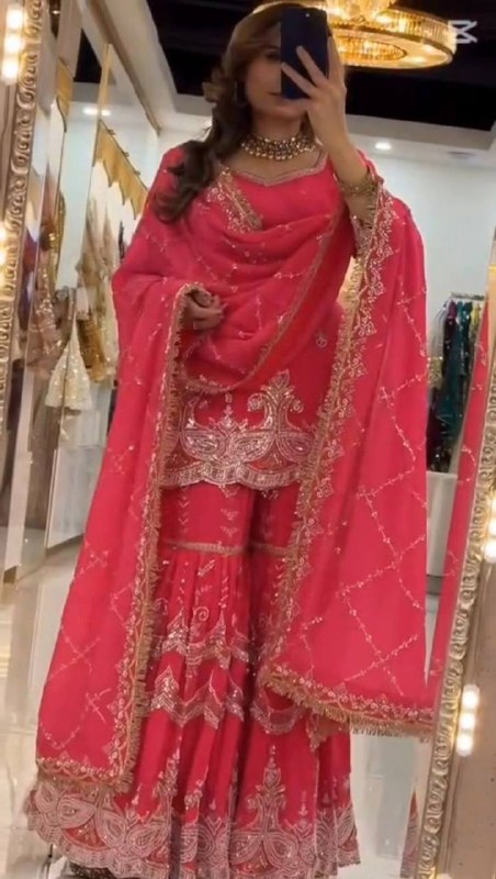 Premium Heavy Fox Georgette Silk Top, Sharara Palazzo & Dupatta Set