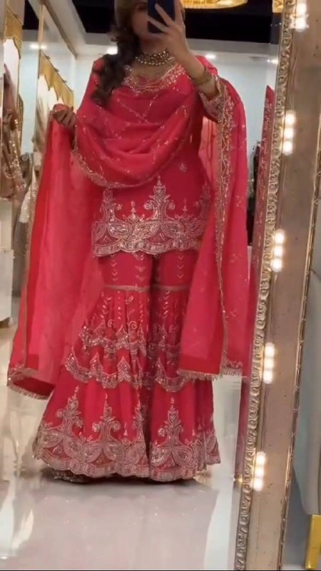 Premium Heavy Fox Georgette Silk Top, Sharara Palazzo & Dupatta Set