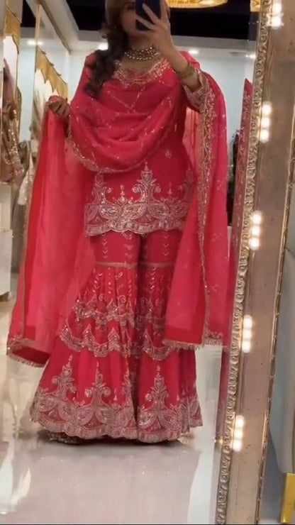 Premium Heavy Fox Georgette Silk Top, Sharara Palazzo & Dupatta Set