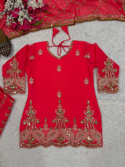 Premium Heavy Fox Georgette Silk Top, Sharara Palazzo & Dupatta Set