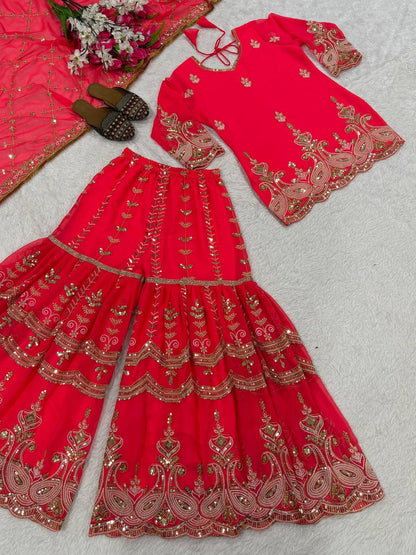 Premium Heavy Fox Georgette Silk Top, Sharara Palazzo & Dupatta Set