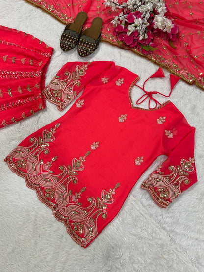 Premium Heavy Fox Georgette Silk Top, Sharara Palazzo & Dupatta Set