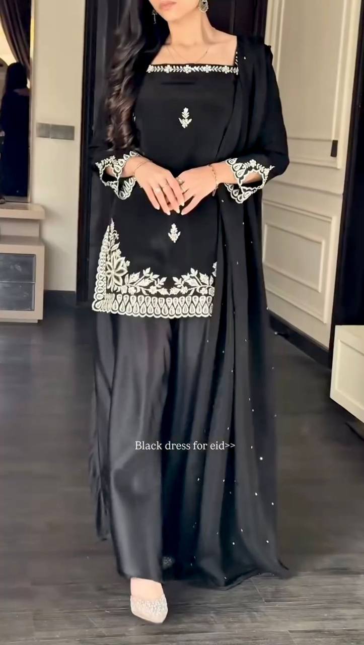 Premium Heavy Natural Crepe Top, Palazoo & Tibby Silk Dupatta Set