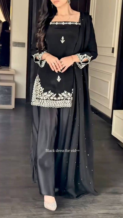 Premium Heavy Natural Crepe Top, Palazoo & Tibby Silk Dupatta Set
