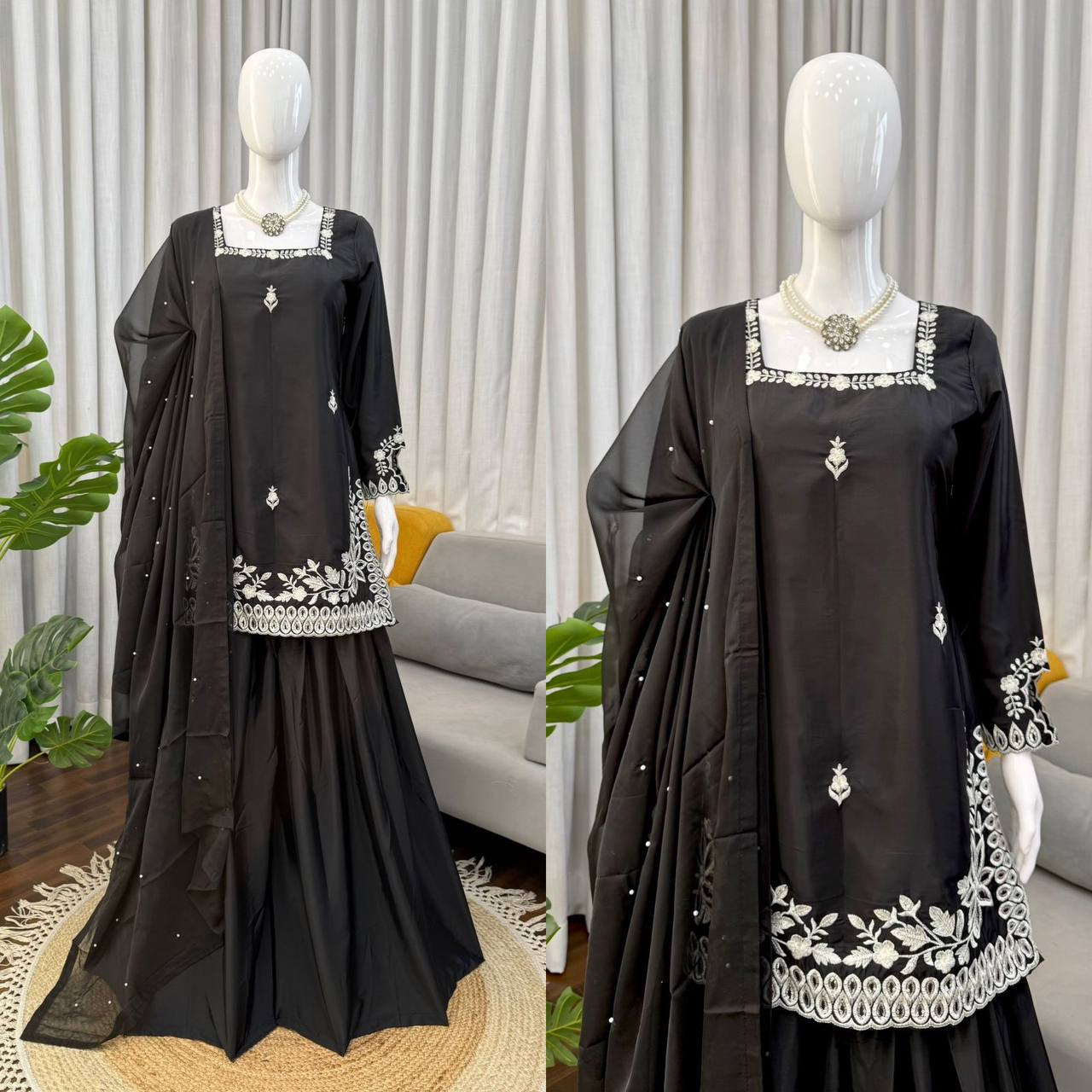 Premium Heavy Natural Crepe Top, Palazoo & Tibby Silk Dupatta Set
