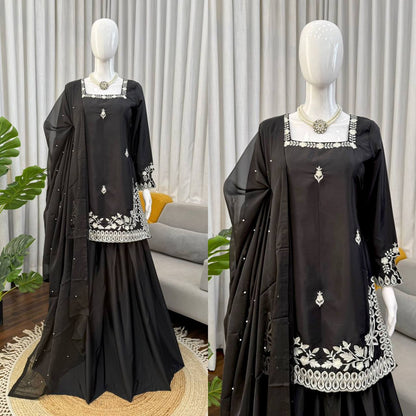 Premium Heavy Natural Crepe Top, Palazoo & Tibby Silk Dupatta Set