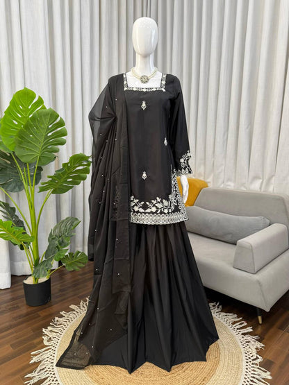 Premium Heavy Natural Crepe Top, Palazoo & Tibby Silk Dupatta Set