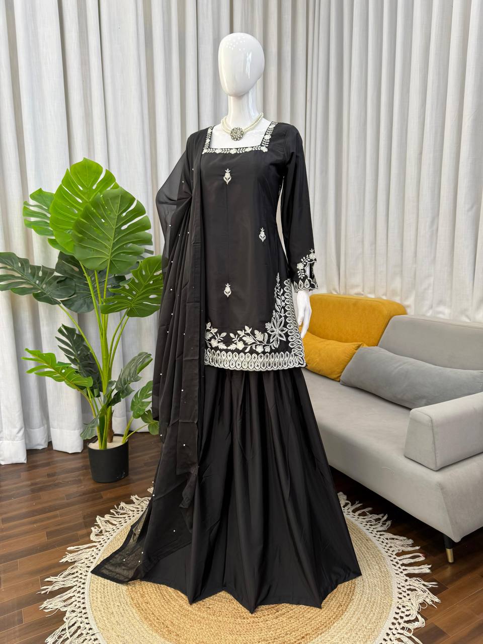 Premium Heavy Natural Crepe Top, Palazoo & Tibby Silk Dupatta Set